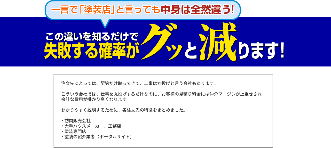 塗装の失敗確率をぐっと減らす！訪問販売社、ハウスメーカー、自社施工のお店の違い